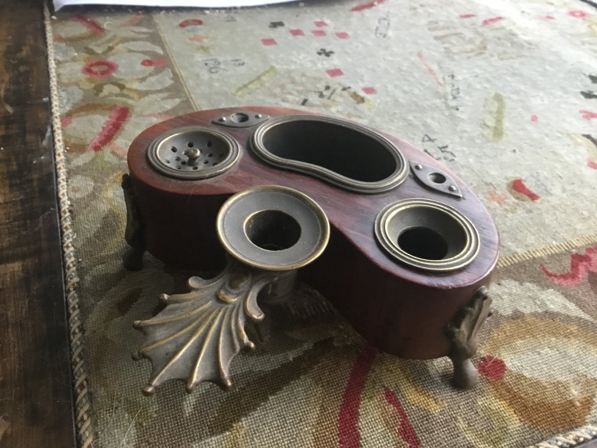 Inkwell Louis XV Kidney Rosewood Bronze Candlestick-photo-1