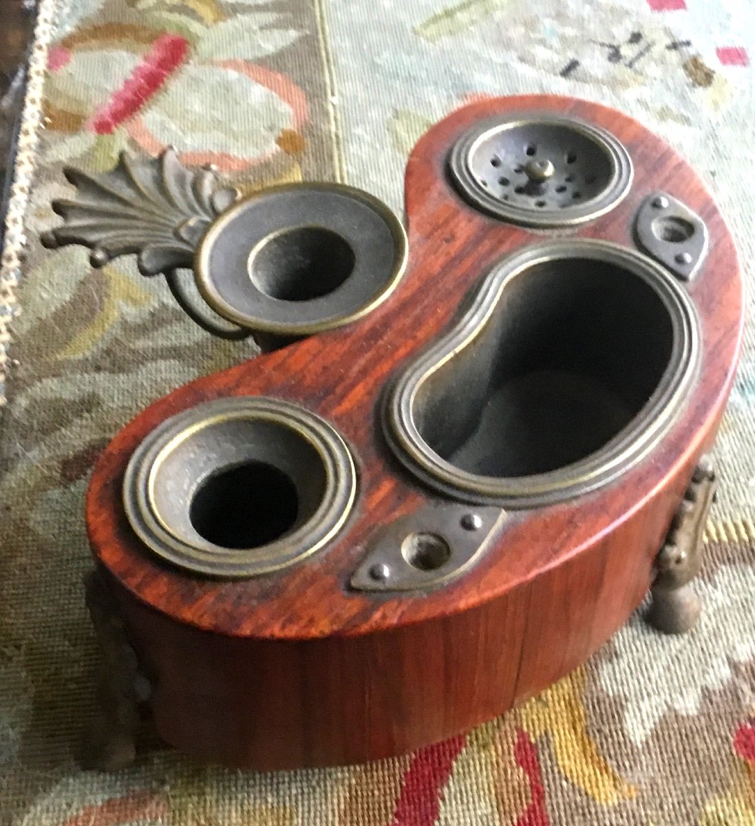 Inkwell Louis XV Kidney Rosewood Bronze Candlestick