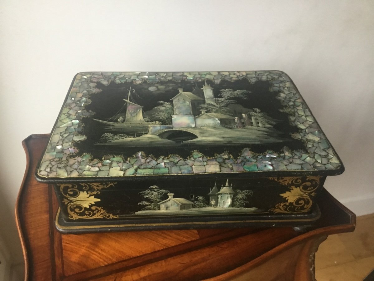 Important Sewing Box In Blackened Wood And Mother-of-pearl-photo-6