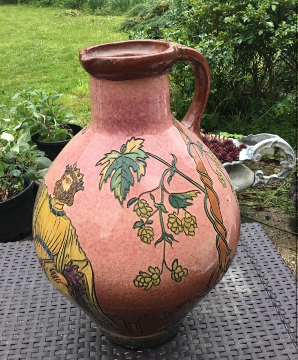 Huge Glazed Earth Pitcher On The King Of Beer 1900 (47 Cm)-photo-4