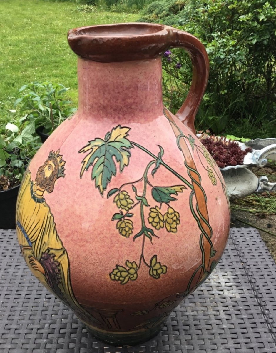 Huge Glazed Earth Pitcher On The King Of Beer 1900 (47 Cm)