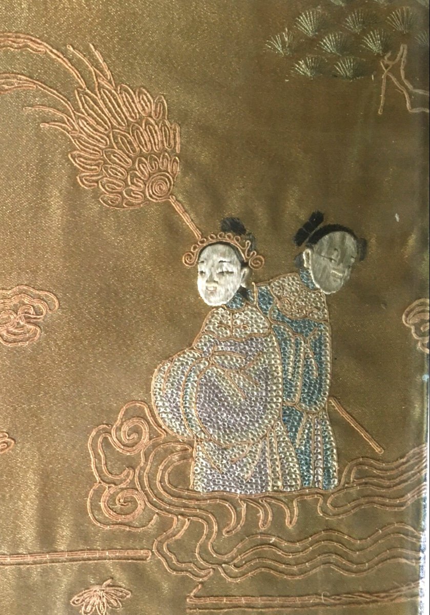 The Pair Of Small Chinese Embroidery On A Gold Background