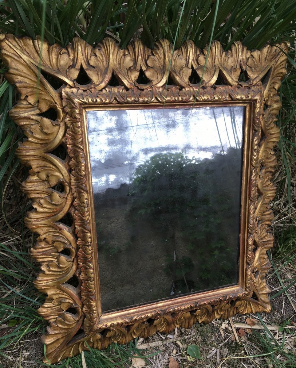 Miroir Italien En Bois Sculpté Et Doré Aux Feuilles d'Acanthes 78x70-photo-3