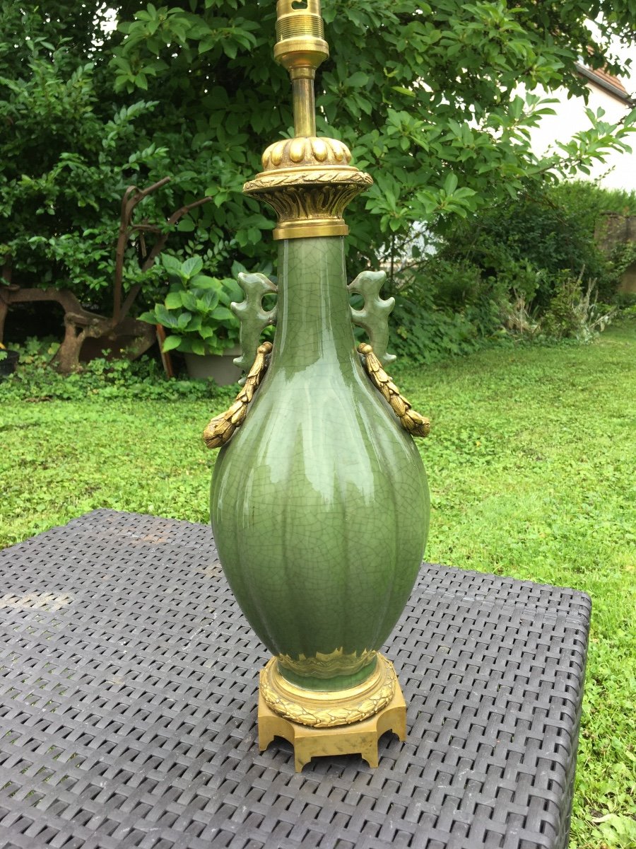 Vase En Porcelaine Celadon Montes En Bronze Dore Chine, XIXème Siecle-photo-2