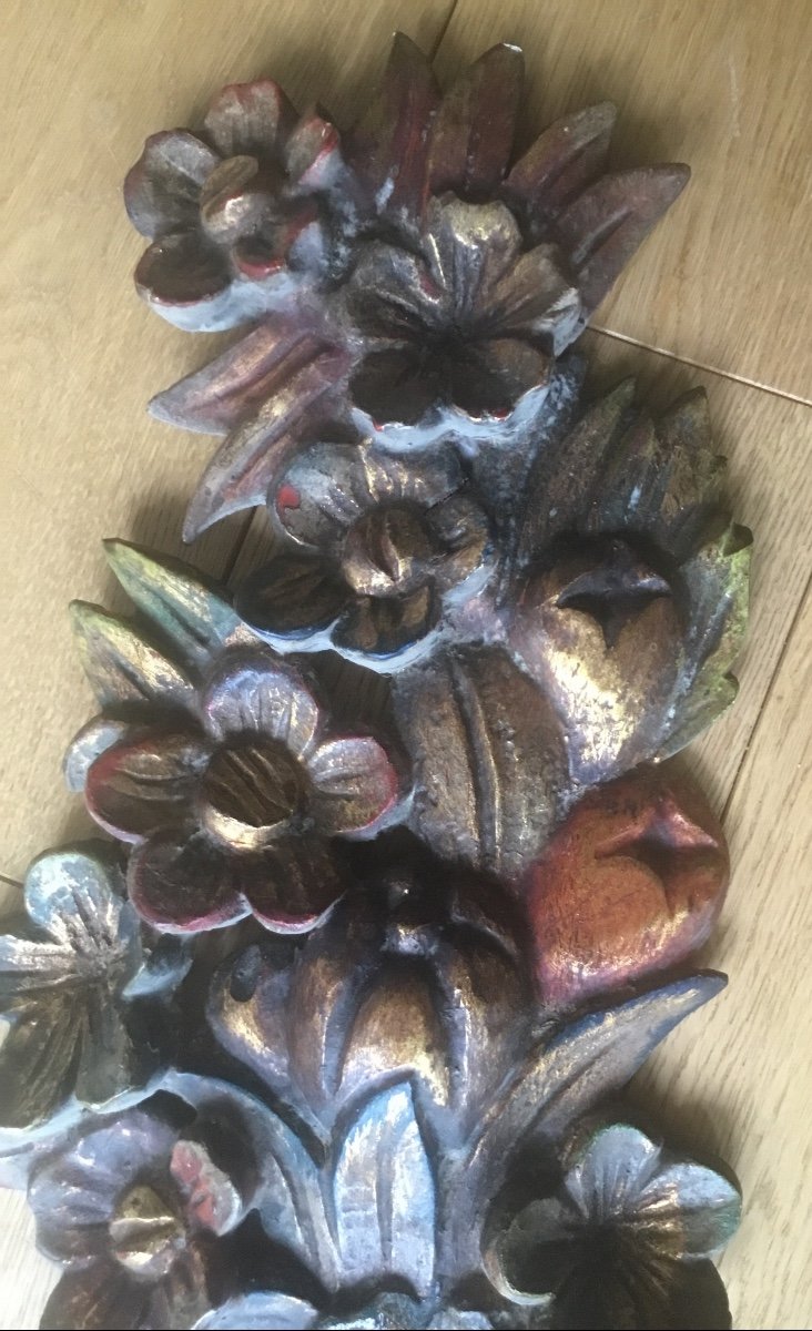 Floral Wall Element In Carved Wood-photo-4