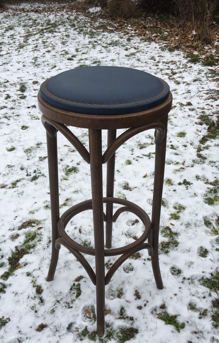 Tabouret De Bar En Bois Courbé , Assise Cuir , Vers 1900-photo-3