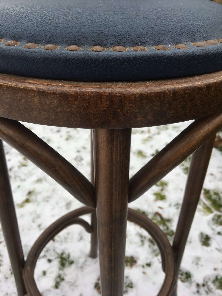 Tabouret De Bar En Bois Courbé , Assise Cuir , Vers 1900-photo-3