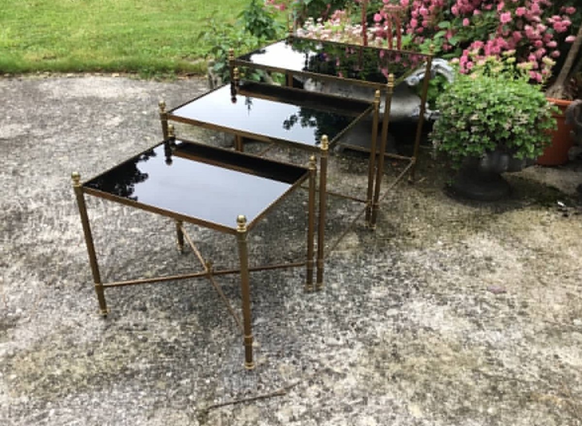 3 Tables Gigognes Bronze Doré Plateaux Opaline Noire Entretoise En X-photo-2