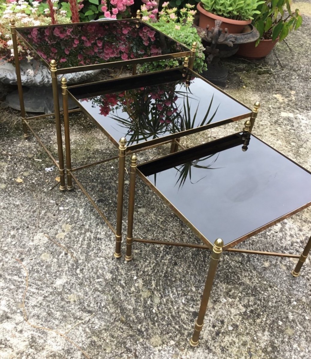 3 Tables Gigognes Bronze Doré Plateaux Opaline Noire Entretoise En X-photo-4