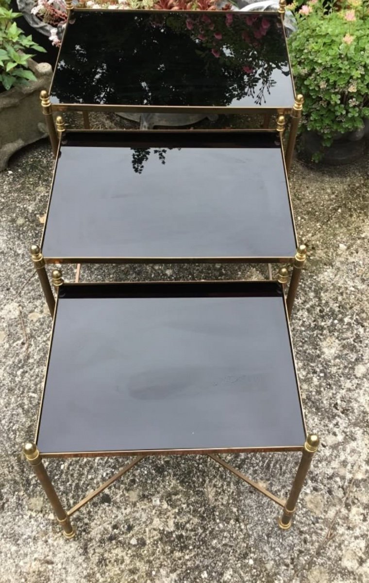 3 Tables Gigognes Bronze Doré Plateaux Opaline Noire Entretoise En X-photo-4