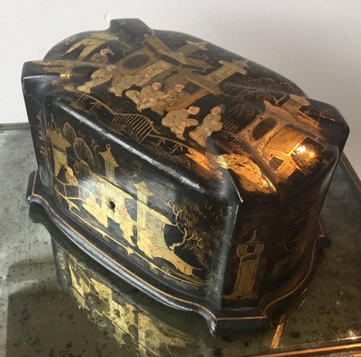 Chinese Tea Box In Lacquered Wood And Gold Painted Decor