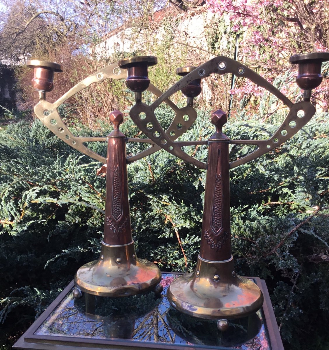 Pair Of Brass And Copper Arts And Crafts Torches-photo-2