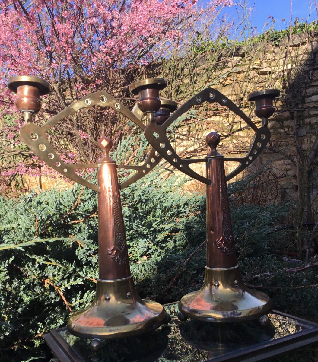 Pair Of Brass And Copper Arts And Crafts Torches-photo-4