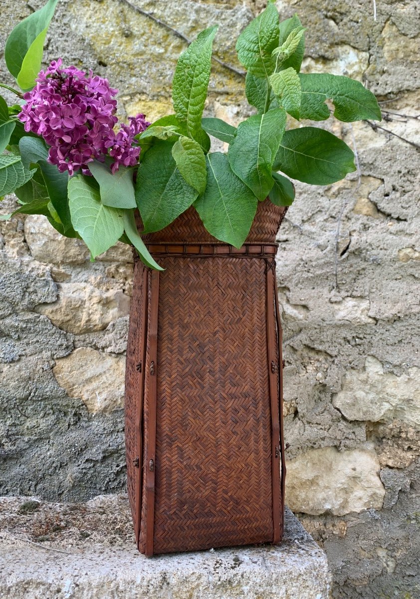 Grand Vase à Ikebana En Bambou Tressé, Vers 1900-photo-2