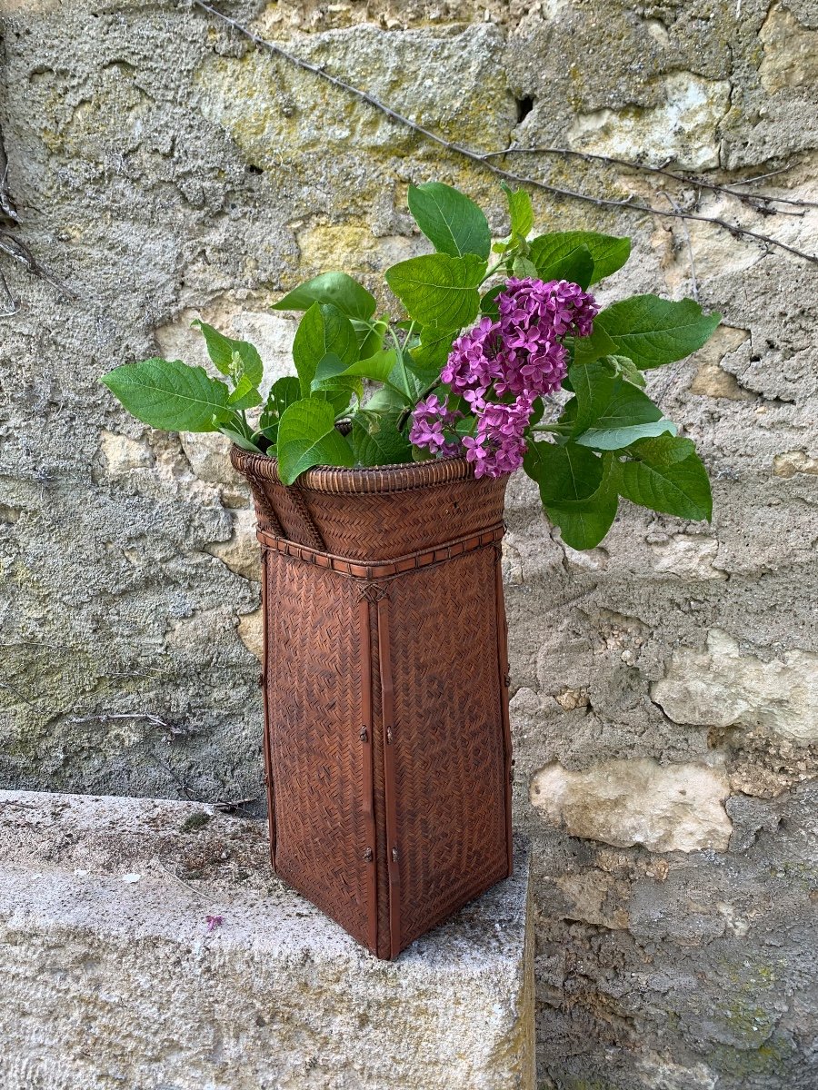 Grand Vase à Ikebana En Bambou Tressé, Vers 1900-photo-2