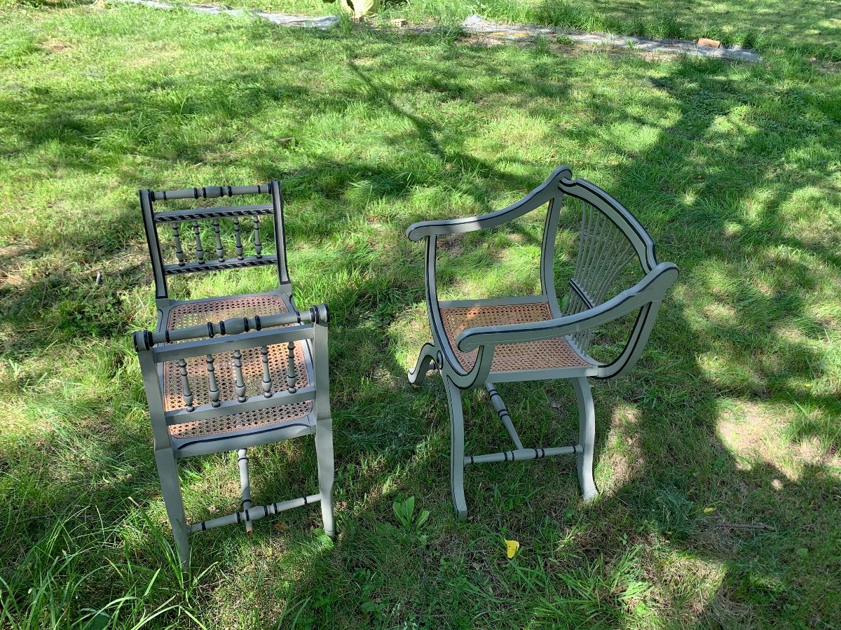 Curule Lacquered And Cane Armchair And Its Footrest -photo-5