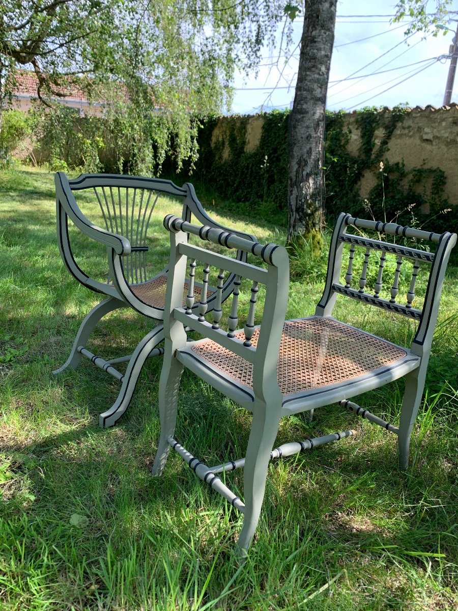 Fauteuil Curule Laqué Et Canné Et Son Repose Pieds -photo-8