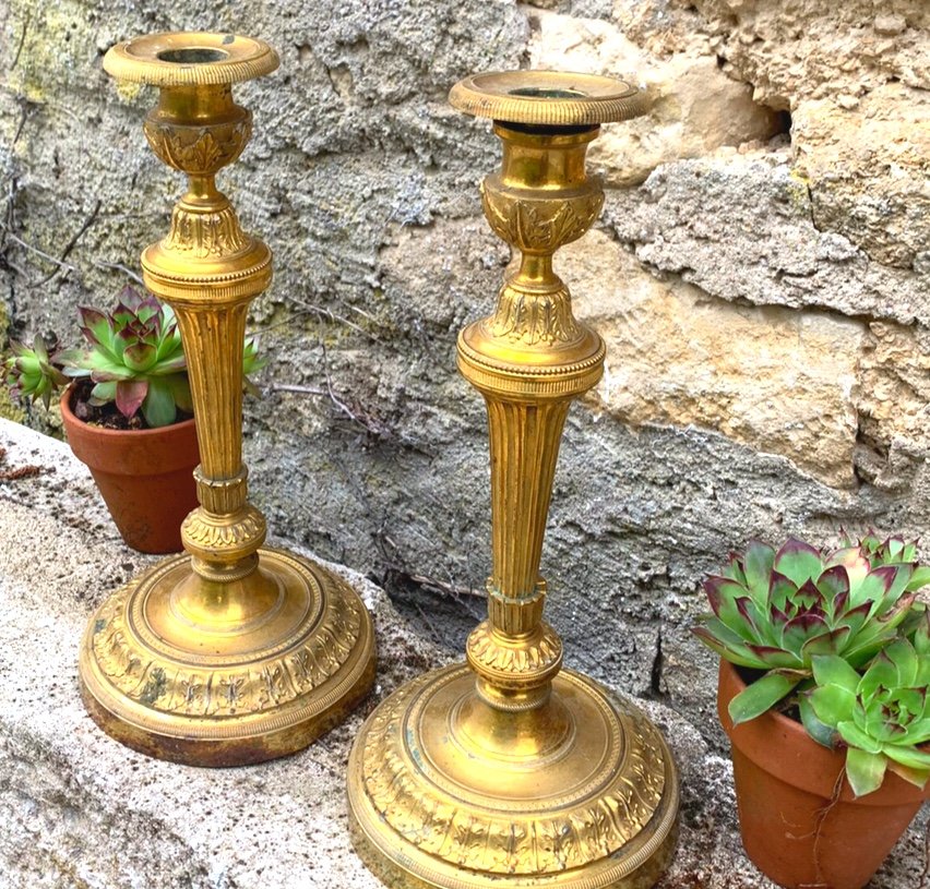 The Pair Of Candlesticks In Gilt Bronze 