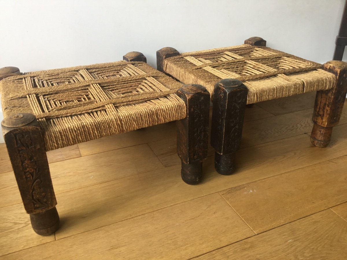 The Pair Of Low Ethnic Stools Seated In Rope-photo-5