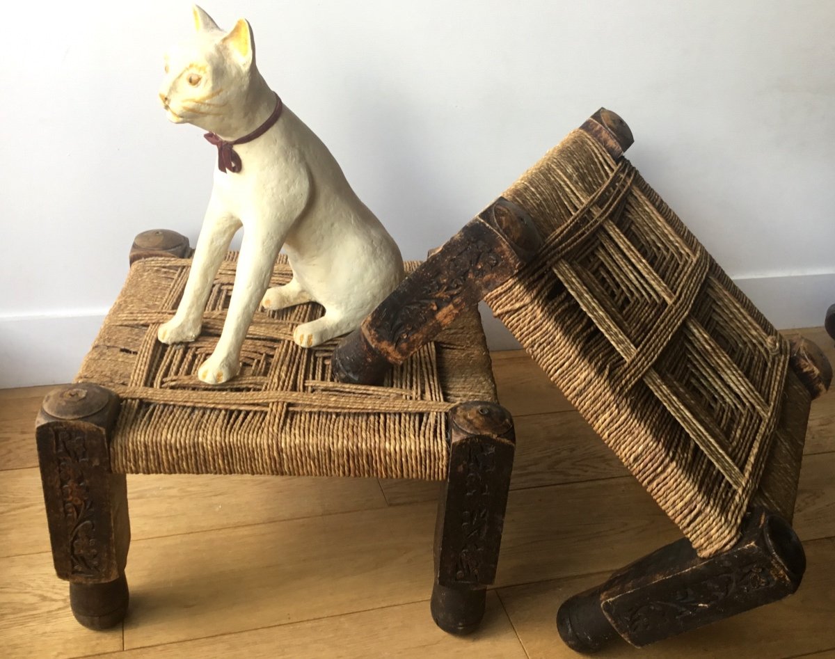 The Pair Of Low Ethnic Stools Seated In Rope