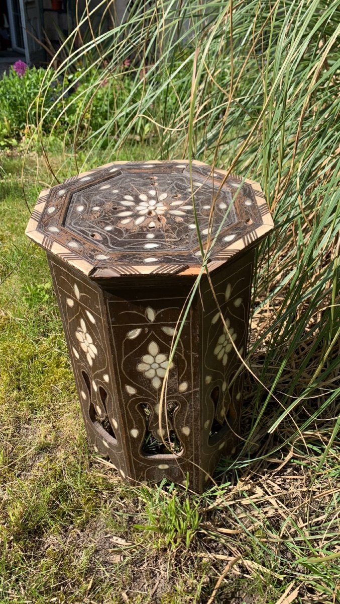 Small Octagonal Syrian Pedestal Table Inlaid With Mother-of-pearl, 19th Century-photo-4