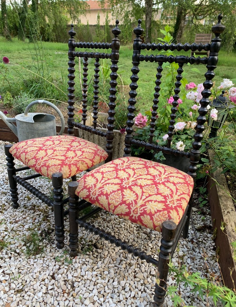 The Pair Of Low Chairs In Turned Wood 