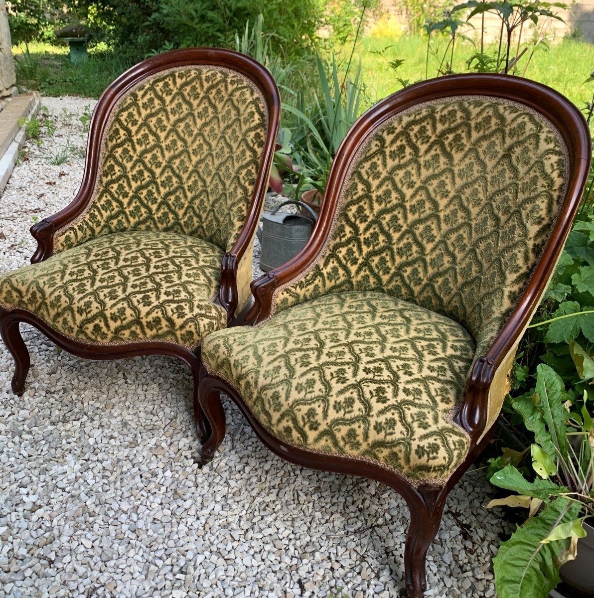 The Pair Of Louis Philippe Low Chairs, Mahogany Gondola Backrest, 19th Century Seats 