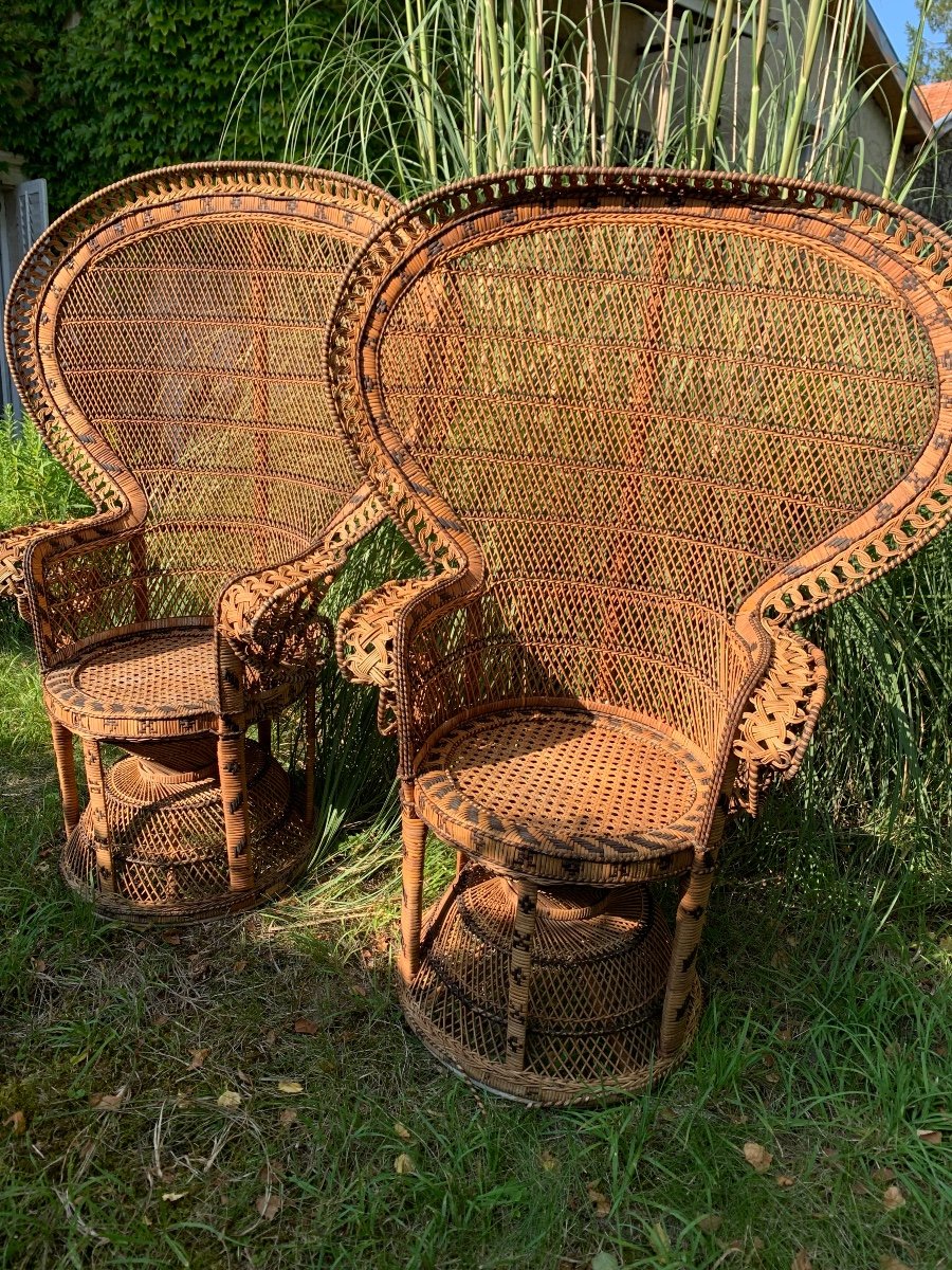 Paire De Fauteuils En Rotin Teintés Et Tressés Vers 1970-photo-2