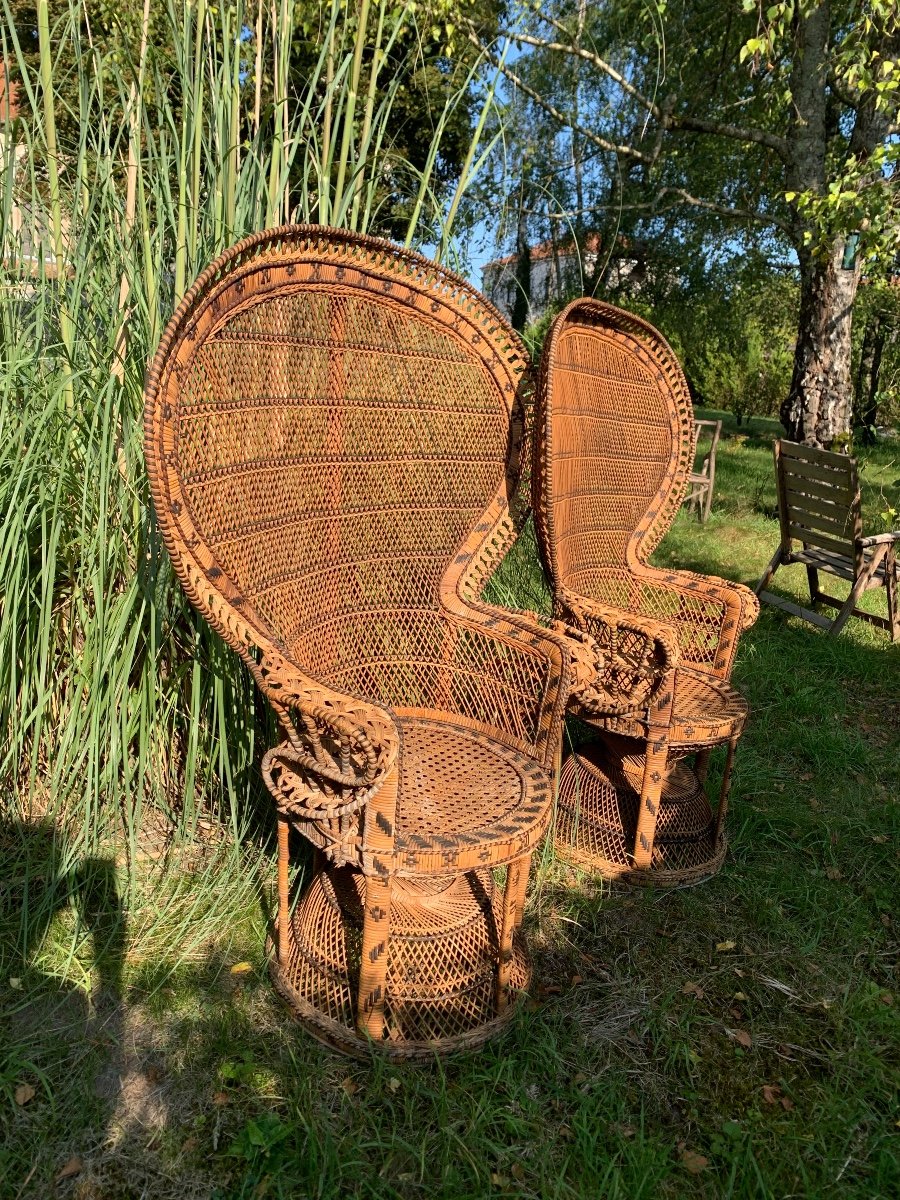 Paire De Fauteuils En Rotin Teintés Et Tressés Vers 1970-photo-3