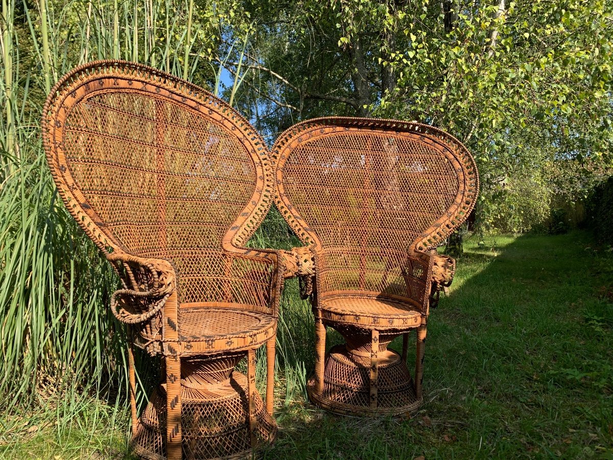 Paire De Fauteuils En Rotin Teintés Et Tressés Vers 1970-photo-1