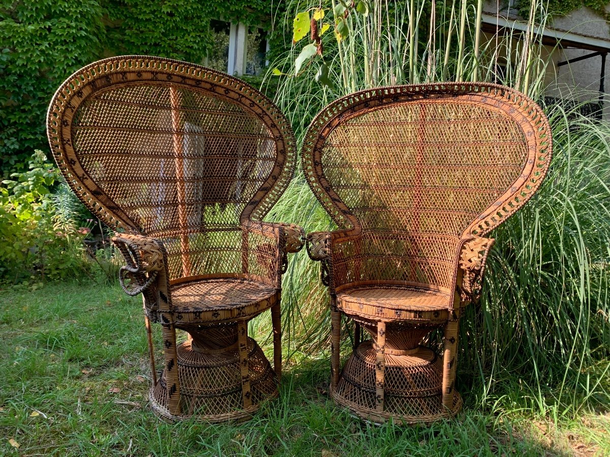 Paire De Fauteuils En Rotin Teintés Et Tressés Vers 1970-photo-8