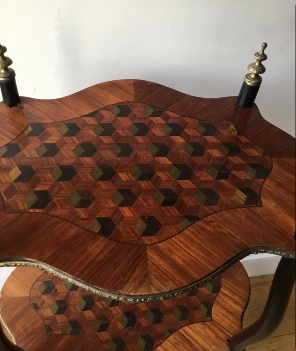 Moving Side Table In Veneer Wood With Cube Marquetry-photo-4