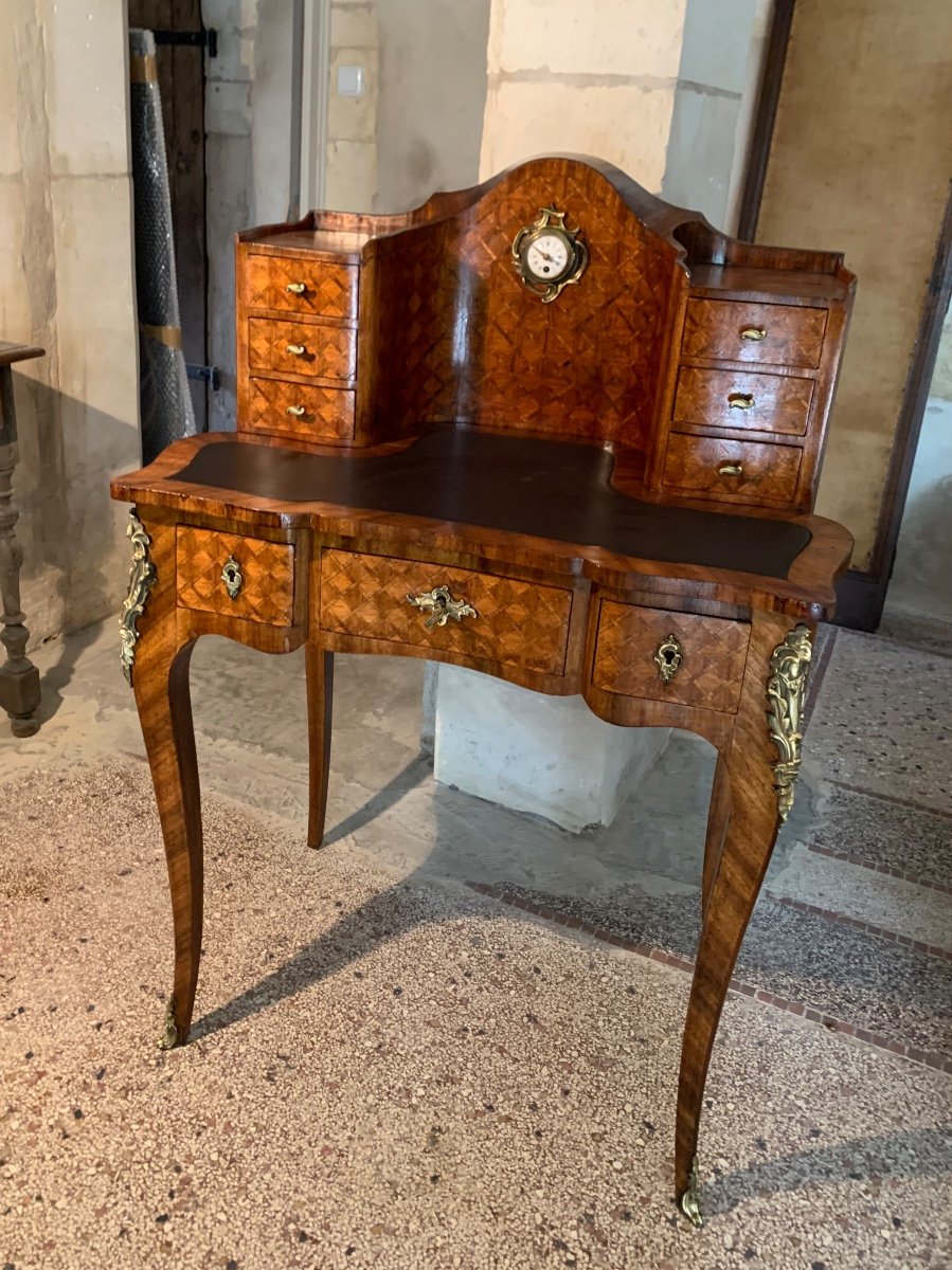 Small Marquetry Desk With Clock, 19th Century -photo-2