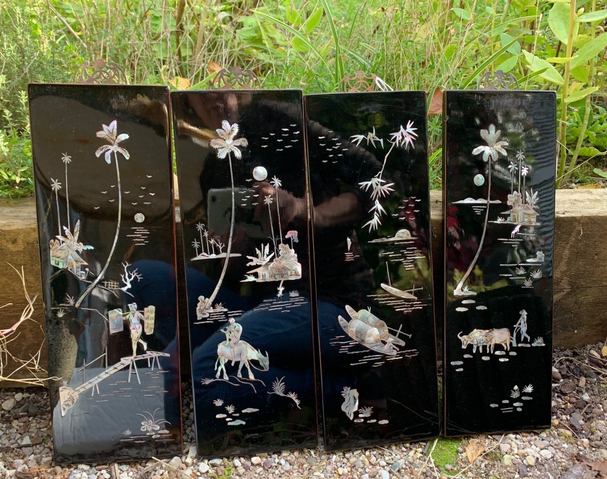 The Four Small Indochina Panels Inlaid With Mother-of-pearl 