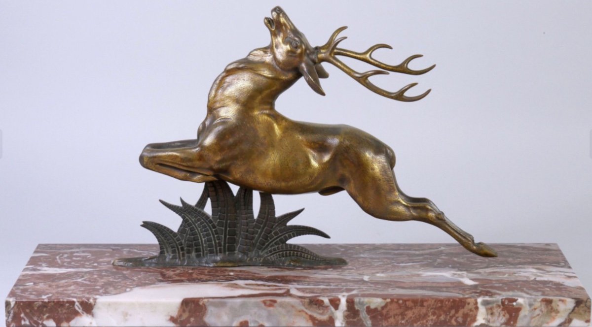 édouard Guy, Comte Du Passage, Cerf En Bronze Patiné Or 