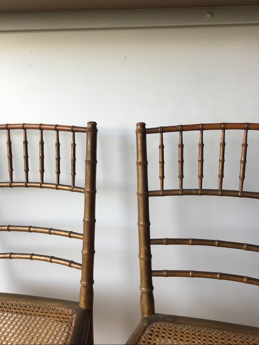 Les Deux Petites Chaises bambou  Cannées En Bois Doré-photo-3