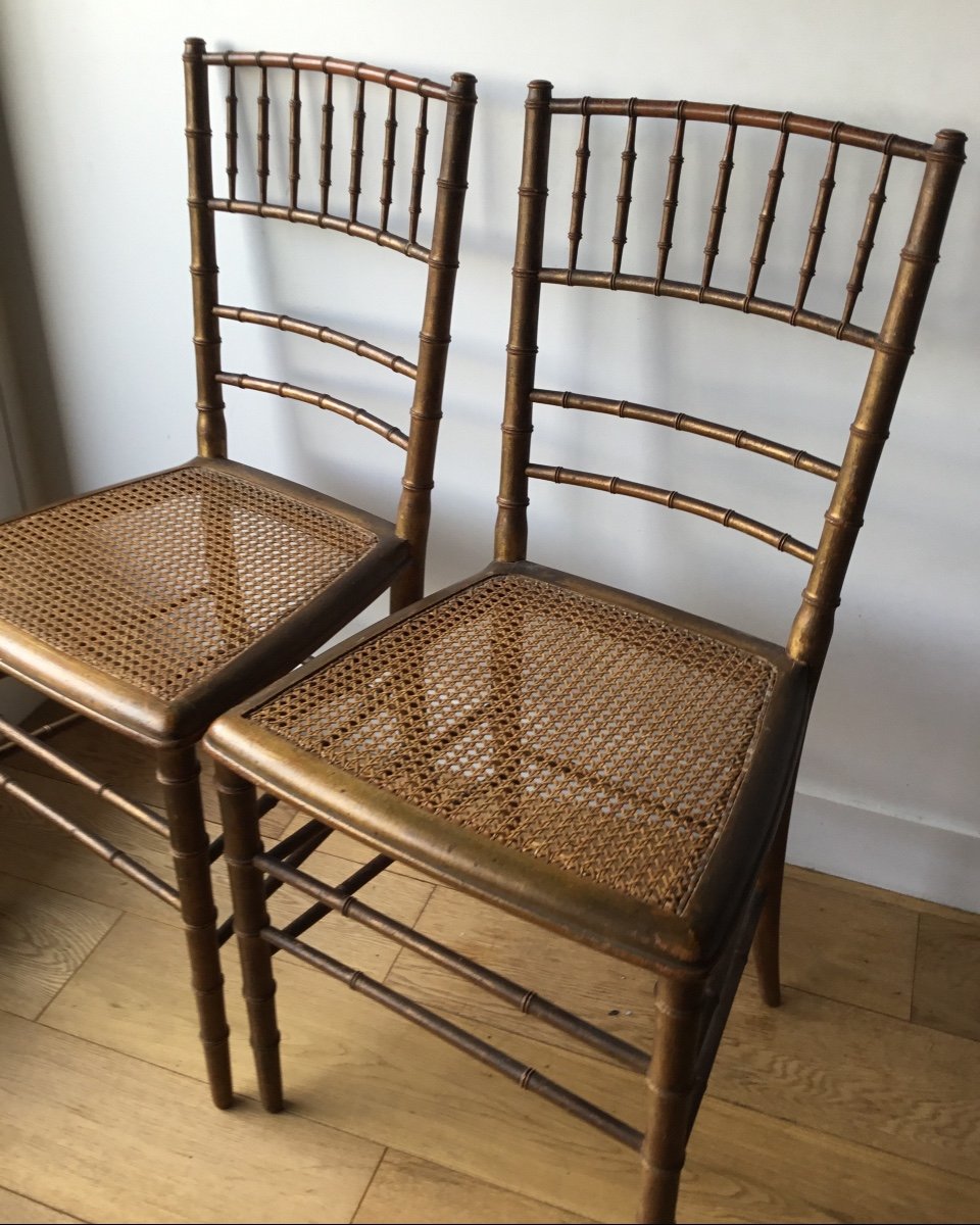 Les Deux Petites Chaises bambou  Cannées En Bois Doré