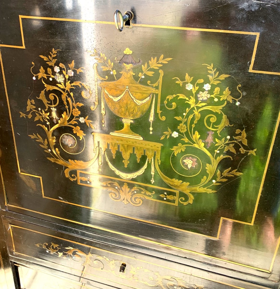 Secretaire En Marqueterie De Laiton Et Nacre d'époque Napoleon III