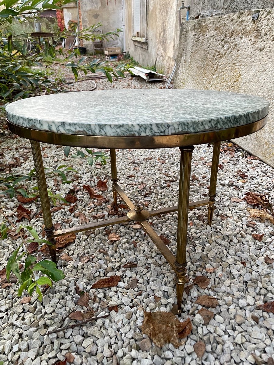 Table Basse Ronde En Bronze Et Laiton à Plateau De Marbre Vert-photo-2