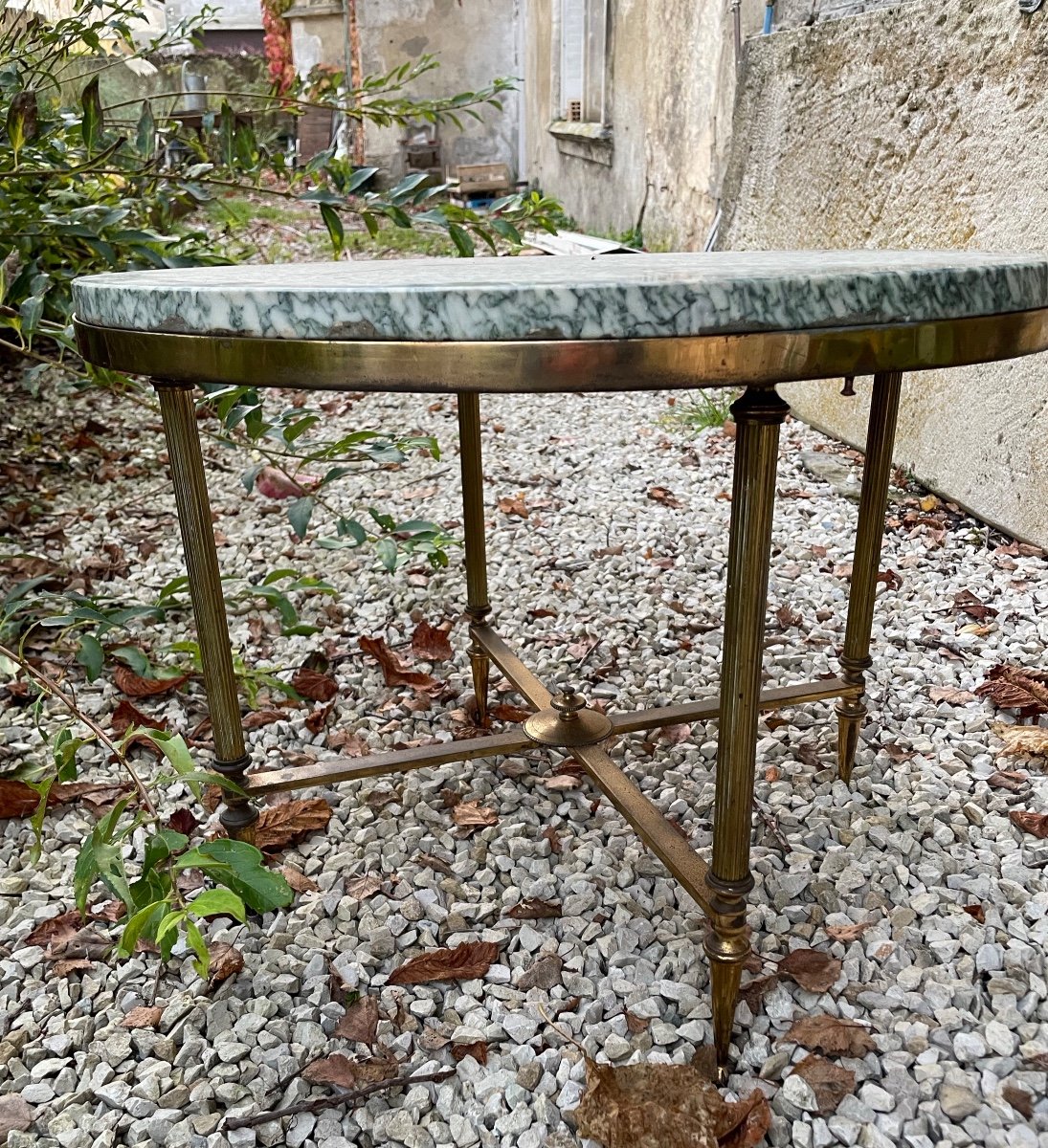 Round Bronze And Brass Coffee Table With Green Marble Top-photo-3