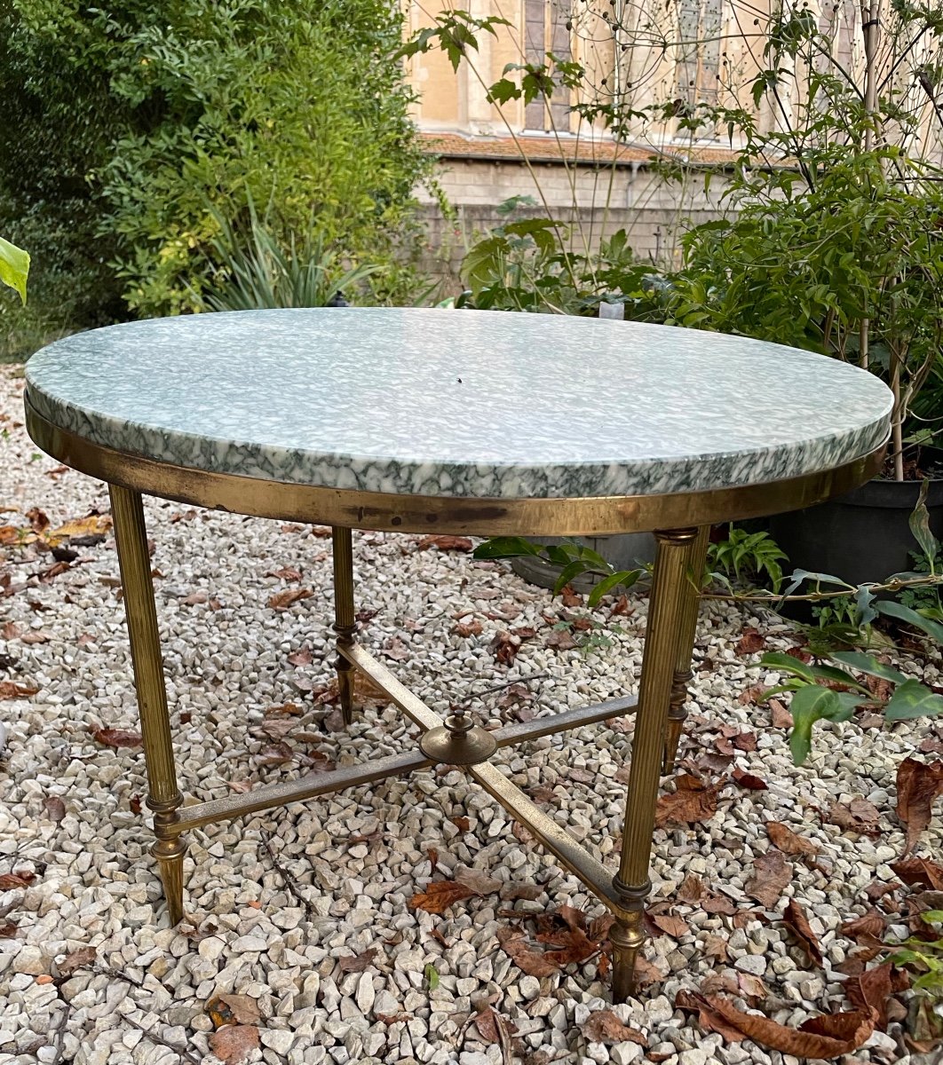 Round Bronze And Brass Coffee Table With Green Marble Top-photo-4