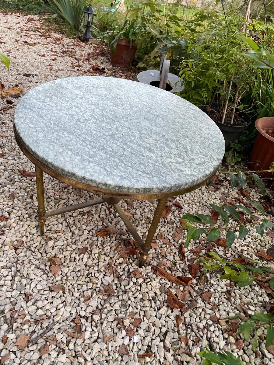 Round Bronze And Brass Coffee Table With Green Marble Top-photo-5