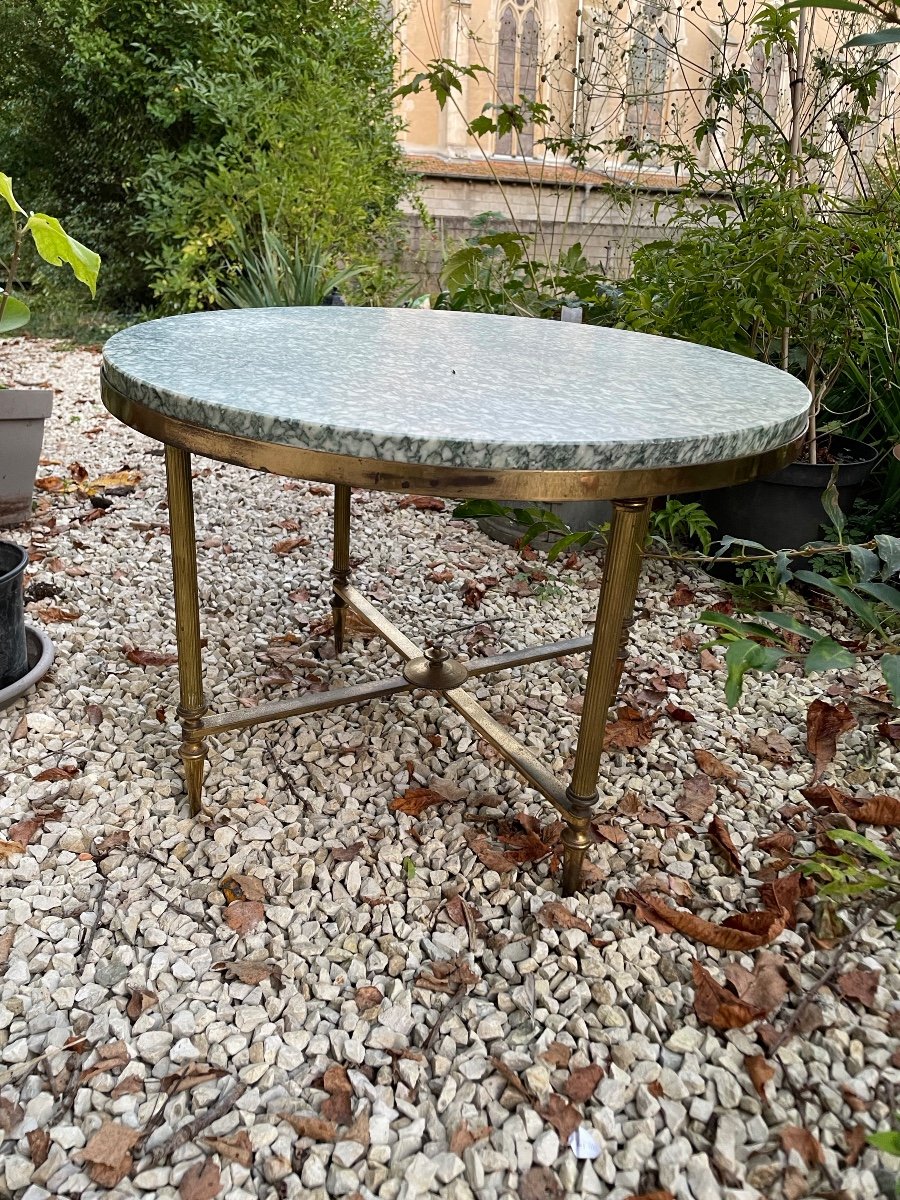 Round Bronze And Brass Coffee Table With Green Marble Top-photo-7