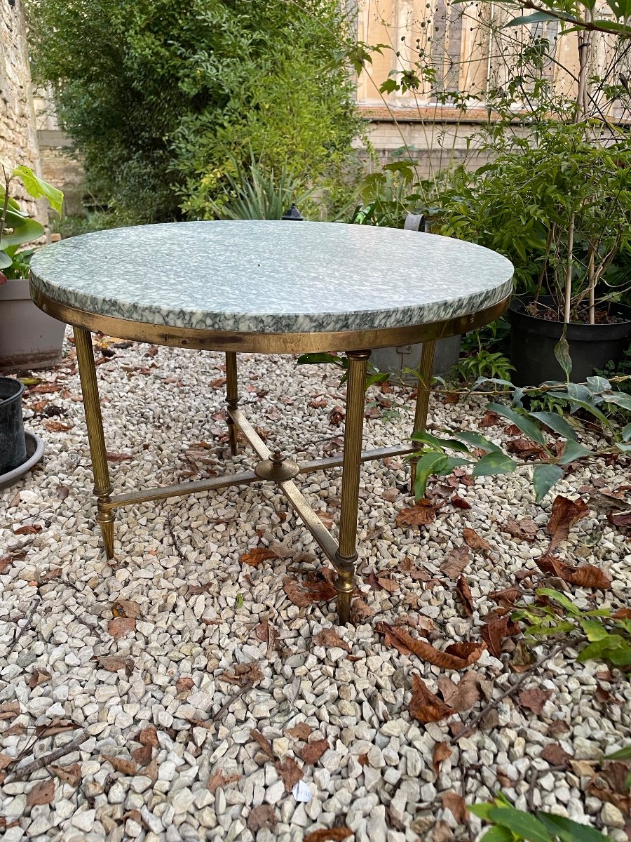 Round Bronze And Brass Coffee Table With Green Marble Top-photo-8