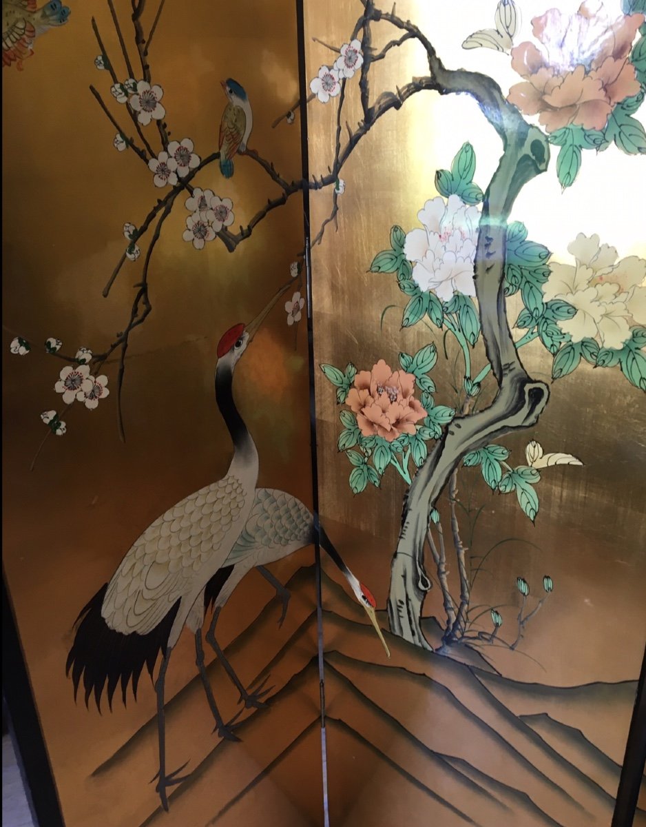 Japanese Lacquer Screen With Crane Decor On A Golden Background-photo-3