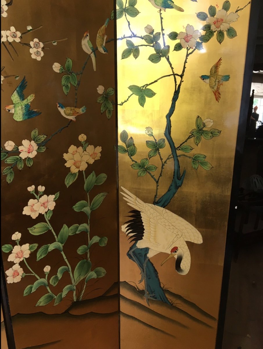 Japanese Lacquer Screen With Crane Decor On A Golden Background-photo-4