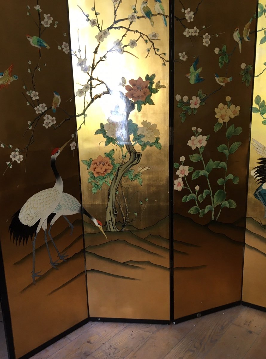 Japanese Lacquer Screen With Crane Decor On A Golden Background-photo-2