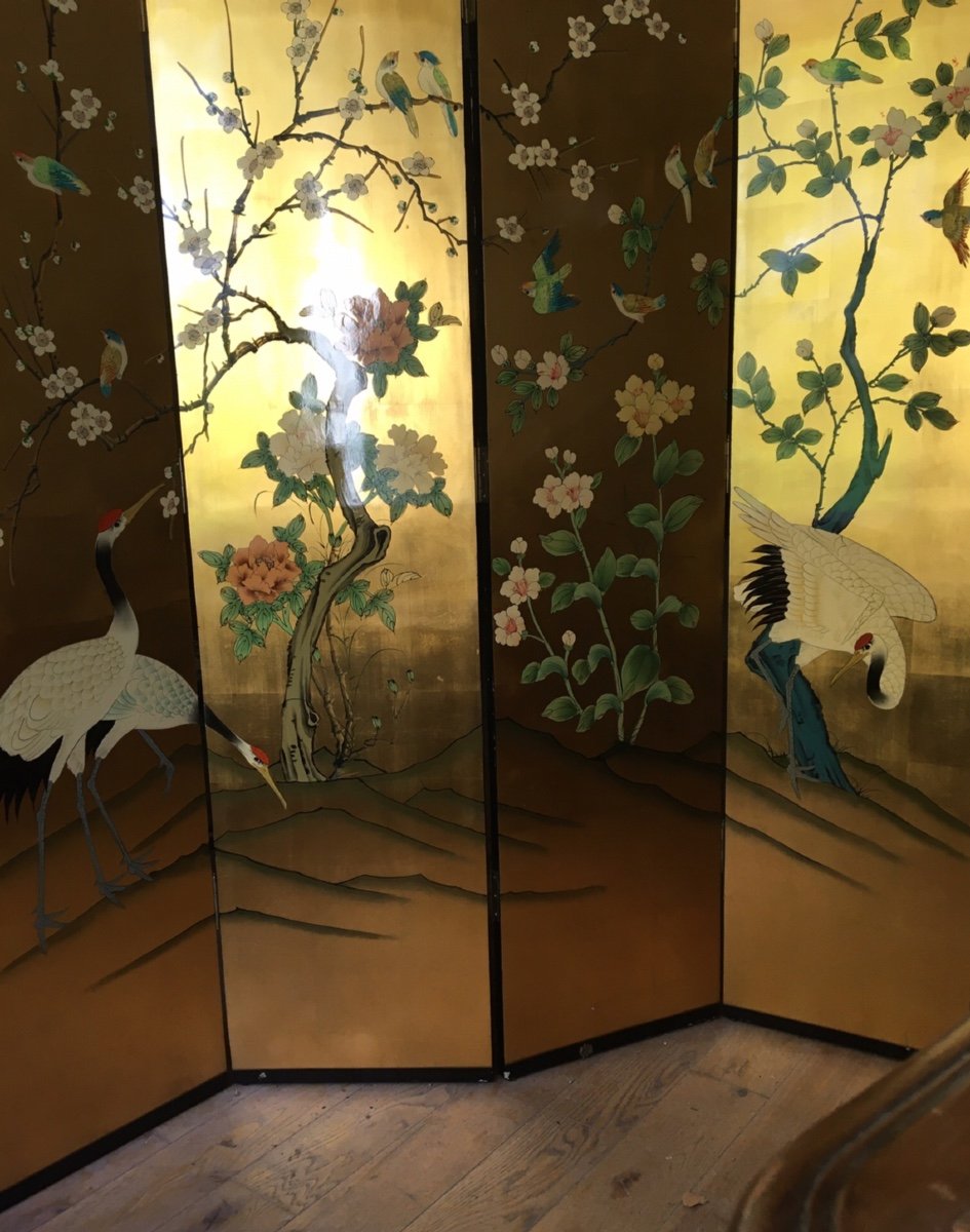 Japanese Lacquer Screen With Crane Decor On A Golden Background-photo-4