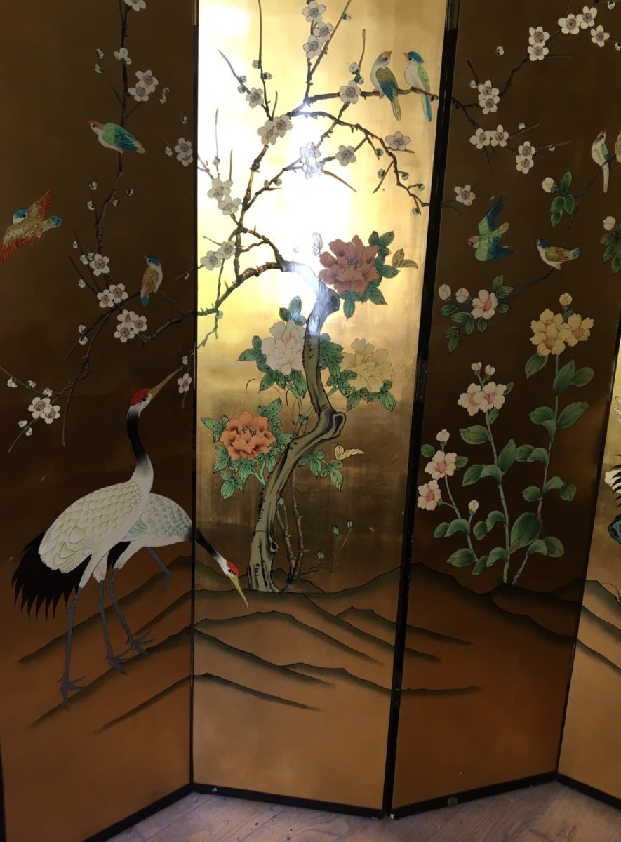 Japanese Lacquer Screen With Crane Decor On A Golden Background-photo-5