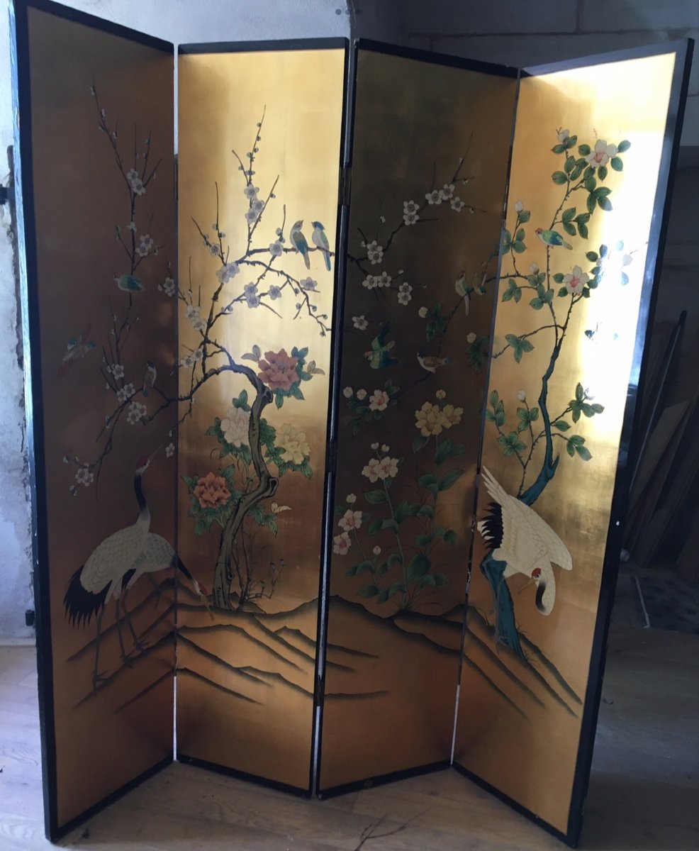 Japanese Lacquer Screen With Crane Decor On A Golden Background-photo-8